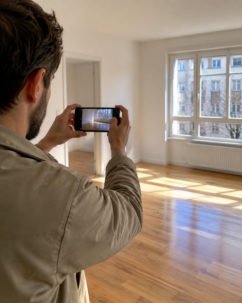 Un agent VIZY filme un appartement lumineux avec son téléphone